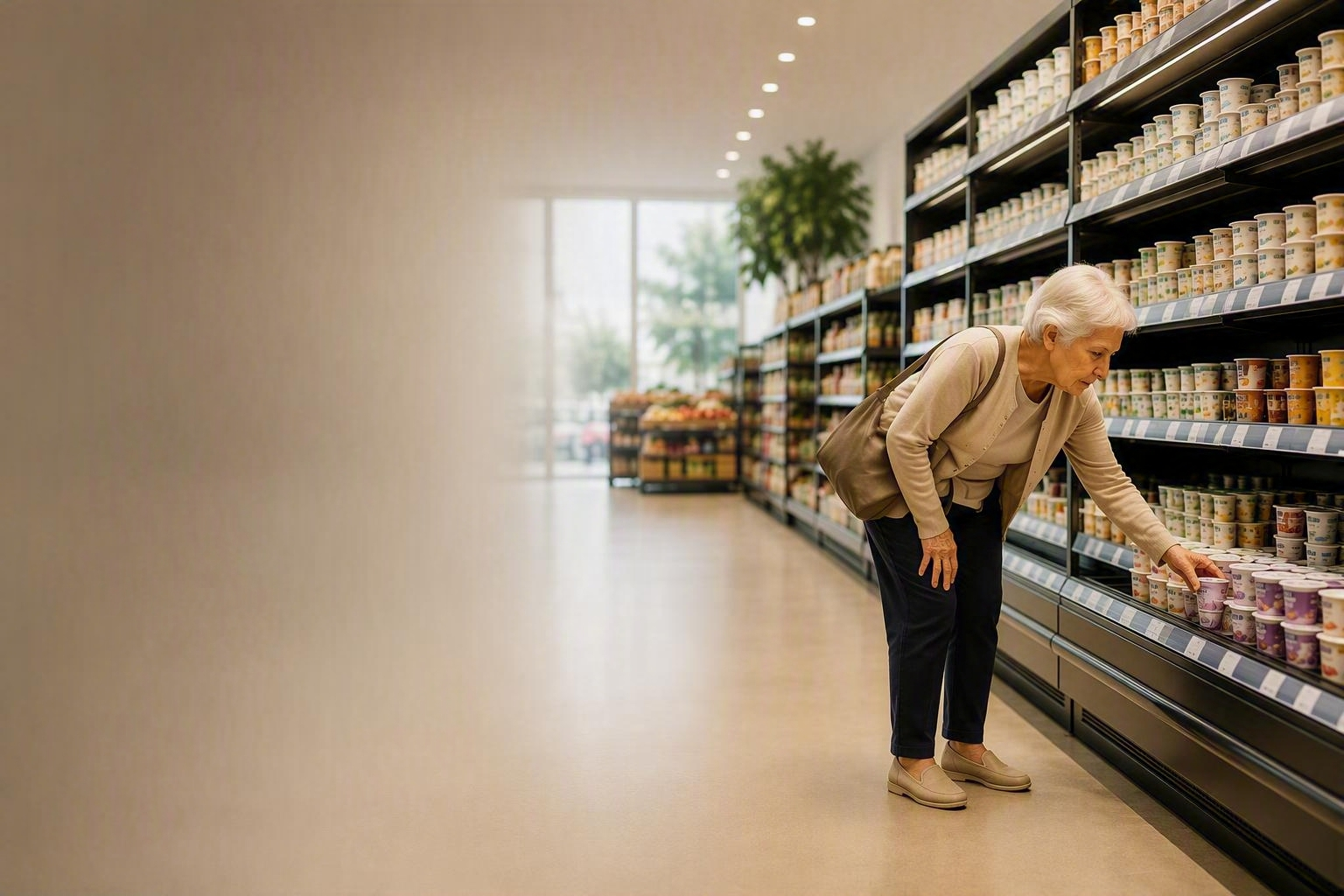 Une personne atteint un produit sur une étagère basse dans un supermarché moderne, illustrant les enjeux d’accessibilité. A person reaches for a low-shelf product in a modern supermarket, highlighting accessibility challenges.